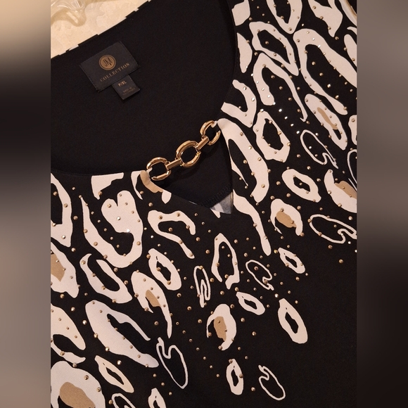 JM Collection black, tan & white teardrop swirl top, gold beads shirt Sz. PXL - Picture 5 of 6